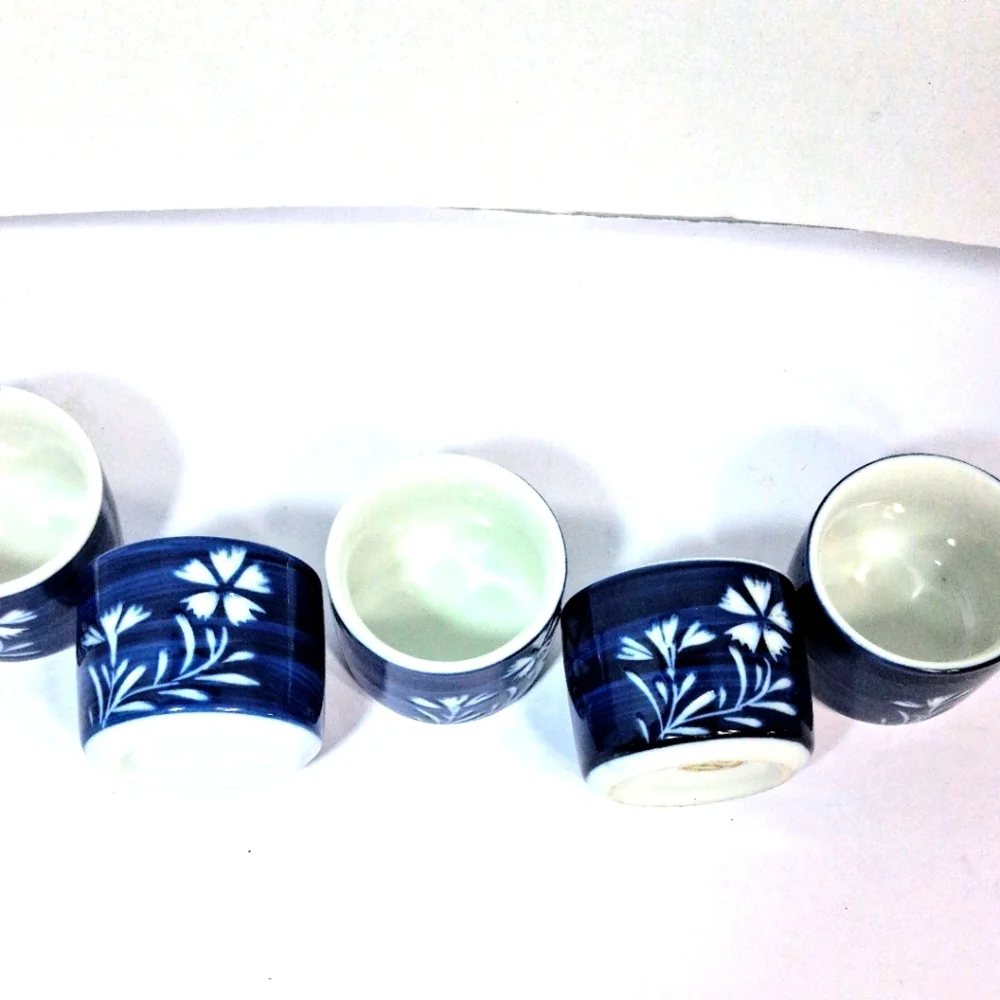 Set Of 5 Japan National Silver Company Etched Blue & White Saki/Tea Cups.